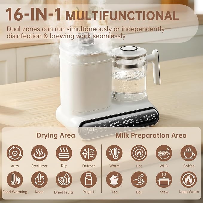 16-in-1 Fast Baby Bottle Warmer with Timer for Breastmilk & Formula | Hot Air Dry, 1.2L Electric Kettle, Precise Temp Control, Thaw, Steam Clean, Keep Warm, Heat Food, Food Grade Material