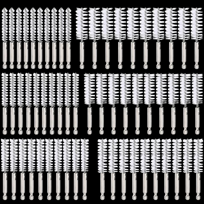 60 Pcs Bore Brush for Drill, Stainless Steel White Wire Cleaning Brushes Bulk with 1/4" Hex Shank Copper Pipe Cleaner Drill Attachment for Rust Engine Tube(8/10/12/15/17/19mm)