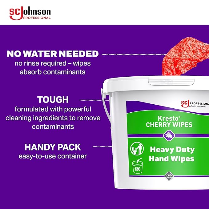 SC Johnson Professional Kresto Cherry Wipes for Heavy Duty Cleaning, 4-Pack of 130-count Buckets, Hand Cleaning Wipes for Mechanics and Other Professional Use