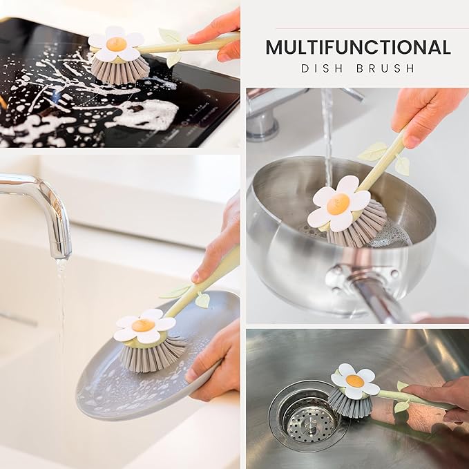 Vigar Florganic Bundle of 2 - Daisy-Shaped Dish Brush with Vase Holder + Daisy Sponge Holder with Suction Cup and Sponge for Kitchen Sink Caddy