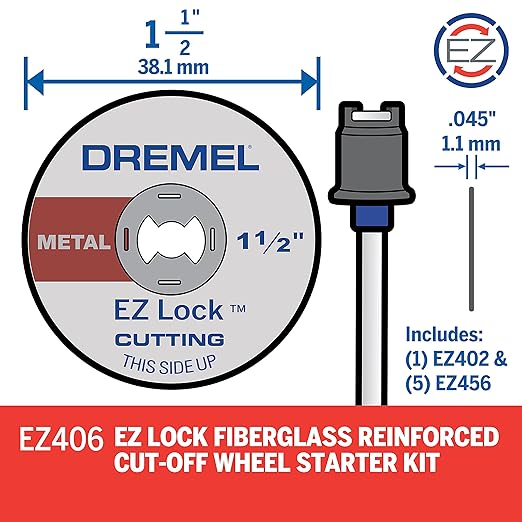 Dremel EZ406-02, EZ - Lock Starter Kit, 1 1/2-Inch (38.1 mm) Wheel Diameter, 5 Piece Fiberglass Reinforced Cut-Off Wheels and EZ402 Mandrel Included, Rotary Tool Cutting Disc Accessories