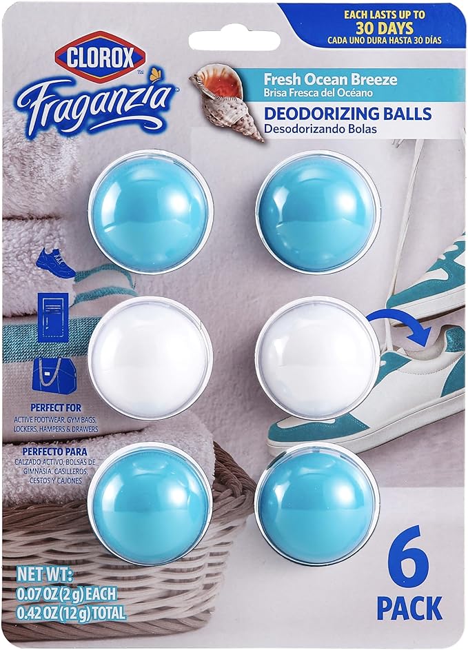 Clorox Fraganzia Deodorizing Balls for Shoes and Small Spaces, Twist-to-Activate No-Plug Odor Refresher Pods for Gym Bags, Lockers, Drawers, and Hampers, Ocean Breeze, 6 Count