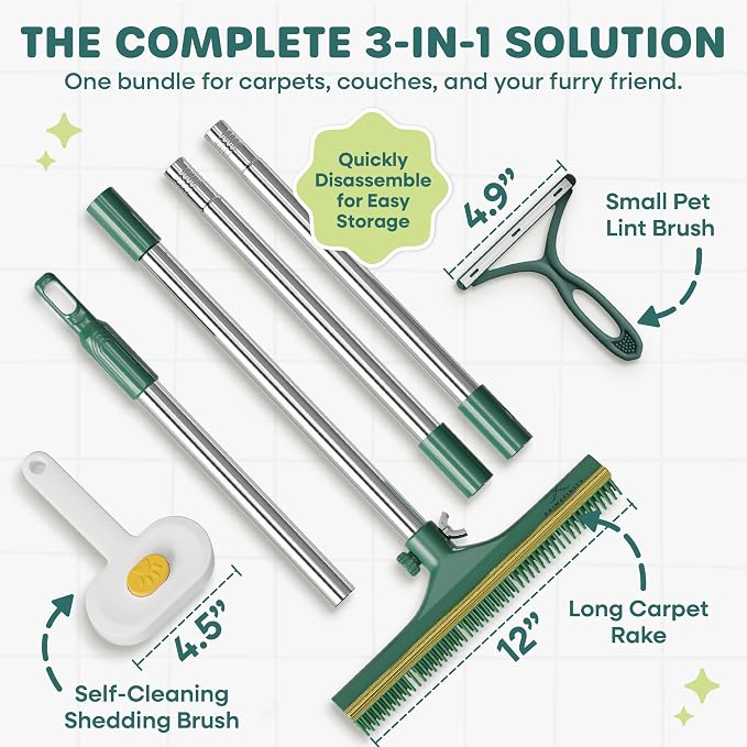 Carpet Rake for Pet Hair Removal Tool with Copper Teeths, 60” Long Handle – 3 in 1 Heavy-Duty Pet Hair Remover Kit for Dog Cat Carpets, Rugs & Mats, Cat Dog Fur Rakes Scraper with self-Cleaning Brush