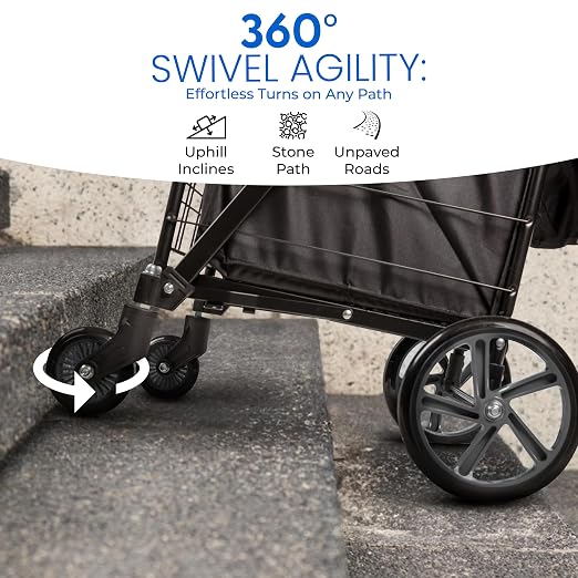 SereneLife Large Folding Utility Shopping Cart with Removable Liner – Heavy Duty, 360° Swivel Wheels, 110 lb Capacity, Portable for Groceries, Laundry, Luggage, and More (Black)