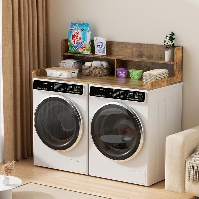 Washer Dryer Countertop with Non-Slip Pads, 2.75" H Guard, 54" W x 27.5" D Wood Laundry Countertop Cover, Large Space Washer Dryer Topper for Laundry Room Organization(Tiger Stripe)