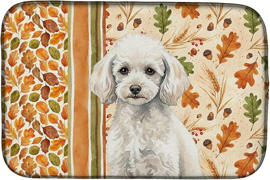 Caroline's Treasures Miniature White Poodle Heirloom Fall Dish Drying Mat Absorbent Dish Drying Mat Pad for Kitchen Counter Dish Drainer Mat for Countertop, 14 x 21", Multicolor