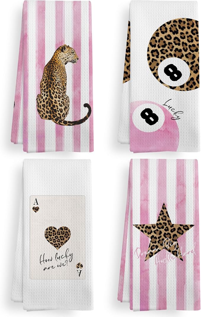 Trendy Leopard Cheetah Print Poker Lucky 8 Ball Bathroom Decor, Preppy Funky Pink Stripe Decor Dish Hand Towels for Bathroom Kitchen Sets of 2, Cheetah Kitchen Towels and Dishcloths, 16x24in