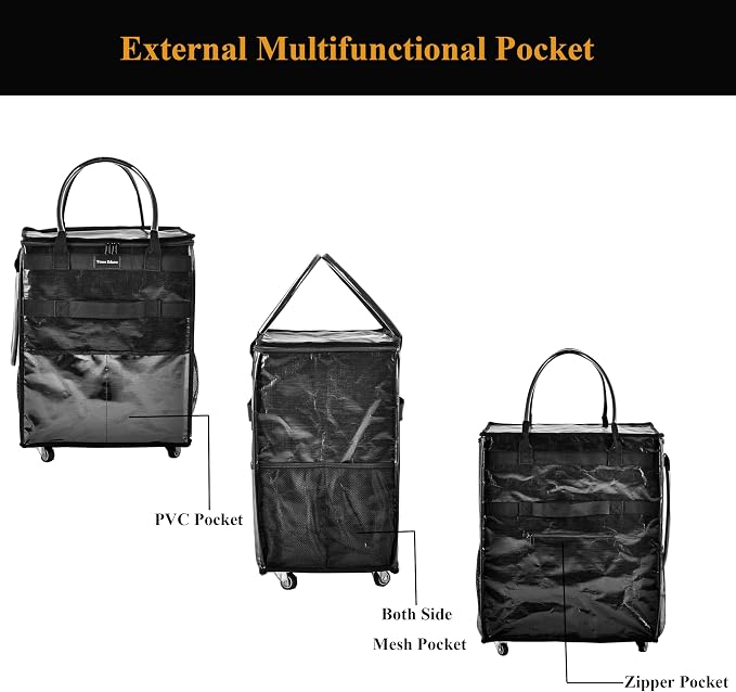 Reusable Grocery Bag On Wheels Large Capacity Shopping Trolley Foldable Rolling Tote with Outside Pocket, Heavy Duty Handle (Black, Medium)