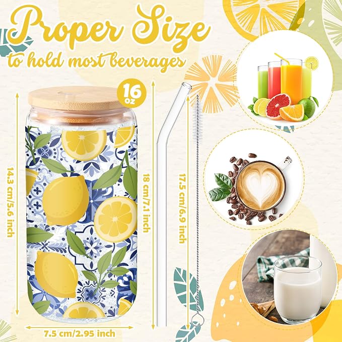 Sliner 2 Pcs Amalfi Lemon Glass Tumblers Capri Lemon Cups Drinkware 16 oz Drinking Glasses with Lid and Straw Mediterranean Decoupage Iced Coffee Cups Coast Holiday Gifts