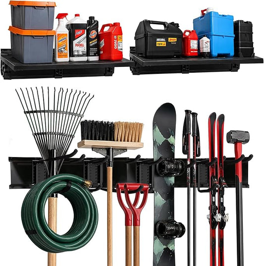 TIDYME Heavy-Duty Garage Wall Storage System | Wall Mounted Tool Organizer Rack with Shelving | 10-Piece Mounting Kit | Includes 4x10” Double-Layered Hooks & 2x16.5” Floating Utility Shelves