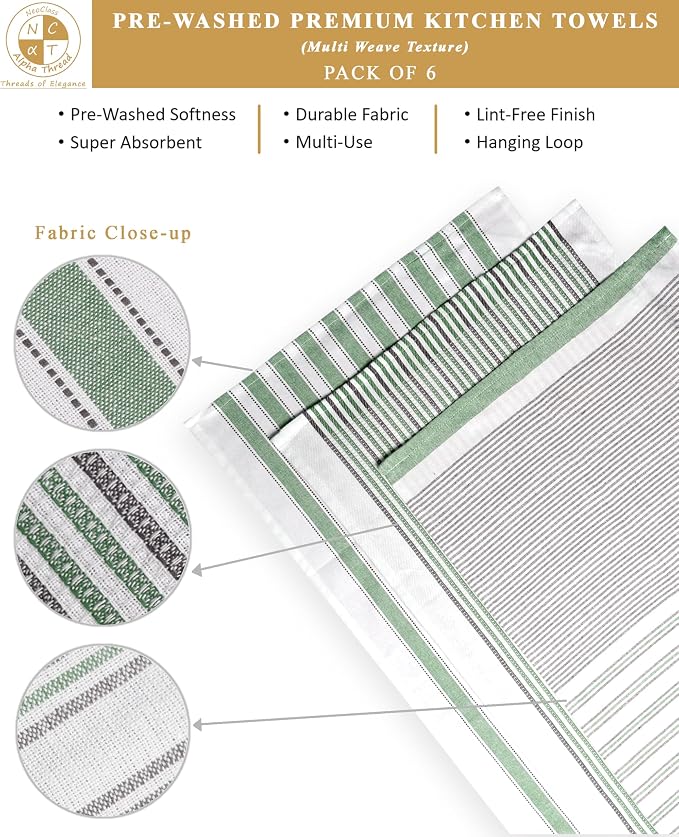 Pack of 6 Cotton Kitchen Towels Set, Dish Towels, Cleaning Rags, Kitchen Dish Cloths for Washing Dishes, Cotton Cleaning Cloths, Ultra Soft, Lightweight & Quick Dry, Flat Weave, 28"x18" (Olive & Gray)