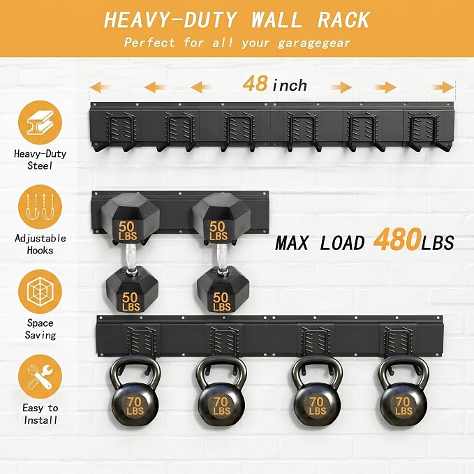 CBWLWJ 48'' Garage Tool Organizer Wall Mount - Heavy Duty 480 lbs Capacity Tool Rack with 6 Adjustable Straight Hooks, Wall Mounted Storage System for Garage, Shed, Workshop (Black)