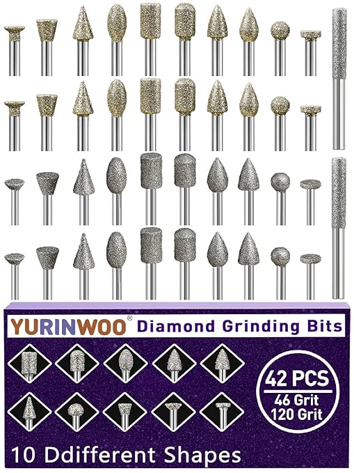 46-Grit &120-Grit Diamond Grinder Bit 1/8" Shank Compatible with Dremel Rotary Tool, 42Pcs Stone Carving Diamond Drill Bits for Carve Engrave Polish Wood Resin Porcelain Ceramic Quartz Metal