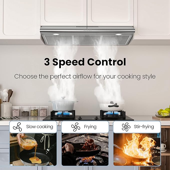 FIREGAS Under Cabinet Range Hood 36 inch with Ducted/Ductless Convertible, Slim Kitchen Vent Hood, LED Light, 3 Speed Exhaust Fan, Reusable Aluminum Filter, Push Button,Charcoal Filter