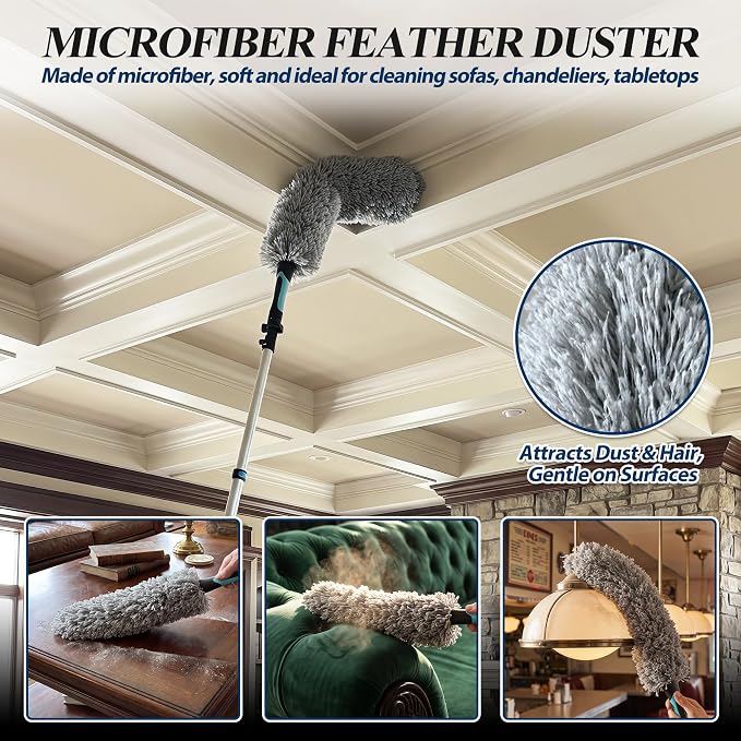 COVERONICS 25FT High Duster Cleaning Tools with 5-20FT Extension Poles - Reusable Fan Duster Cleaning Kits with Ceiling Fan Cleaner Duster, Window Squeegee, Microfiber Feather Duster & Cobweb Duster