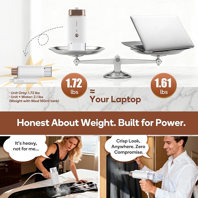 Newbealer Pro Business Travel Steamer, 1200W Dual Voltage, 180ml (Gold) | Foldable & 20s Fast Heat, 360° Anti-Spill Garment Steamer, Solid 1.72 lbs, Auto-Off, for Global Business Trip/Hotel/Office
