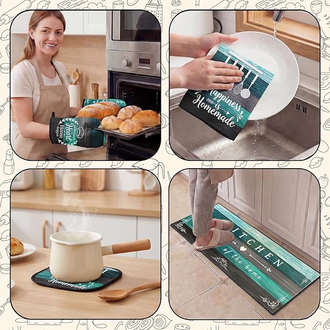 10 Pcs Teal Turquoise Kitchen Decor and Accessories Set, 4 Dish Towels Kitchen Rugs 2 Oven Mitts 2 Pot Holders, Home Decor for Cooking Baking BBQ Gifts Women Mom Housewarming
