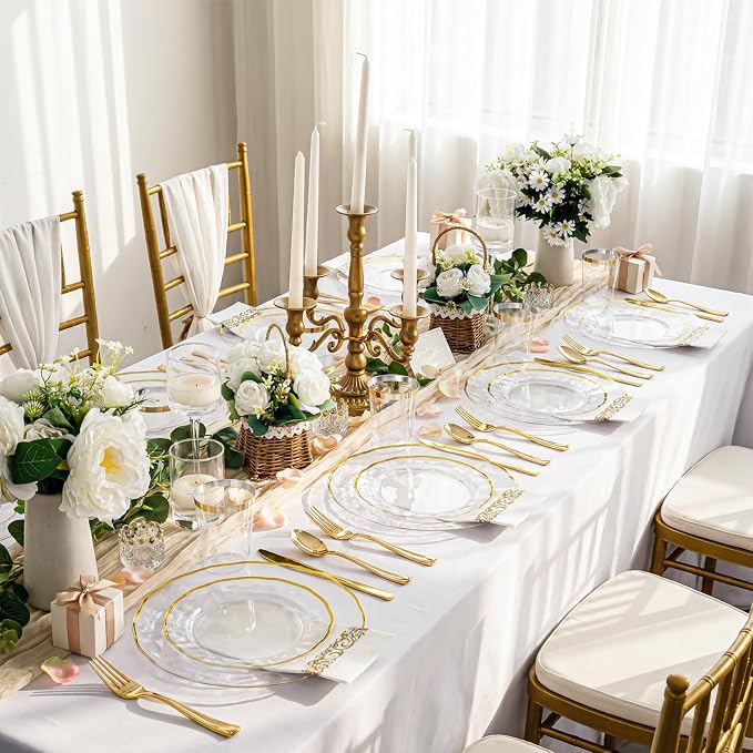 LIYH 350 Pcs Clear Plastic Plates for Wedding Reception Plastic Plates for Party 100 Disposable Plate 150 Gold Plastic Silverware 50 Gold Cups 50 Napkins Perfect for Wedding Birthday (50 Guest)
