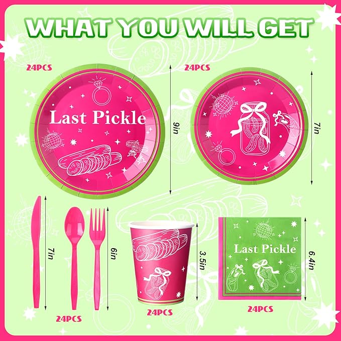 168 Pcs Last Pickle Bachelorette Party Decorations Plates Bow Napkins Party Supplies Funny Pickle Theme Tableware Dinnerware for Bachelorette Birthday Wedding Decor