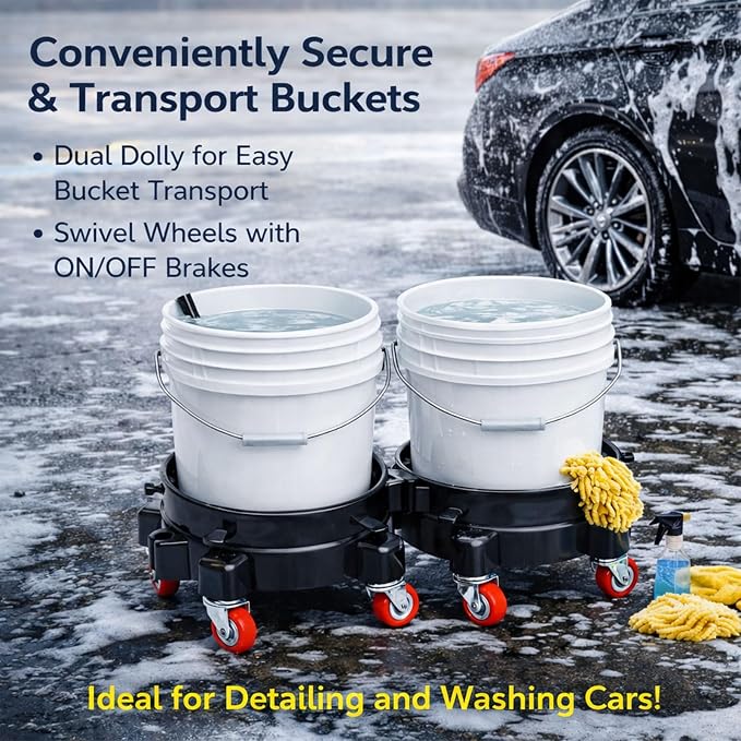 2 Pack 11.5" Bucket Wheels Base for 5-Gallon Buckets with Connector, Rolling Bucket Dolly Set, Easy Assembly for Two-Bucket Wash System, Car Wash, Construction & Garage Use, Black