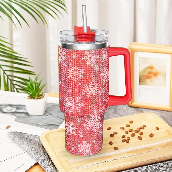 HWISDMIG 40oz Tumbler with Handle-Glitter Rhinestones Tumbler Bling Cups Stainless Steel Water Bottle Diamond Studded Tumbler for Women-Birthday Gifts for Women, Mom, Girlfriend (Snowflake)