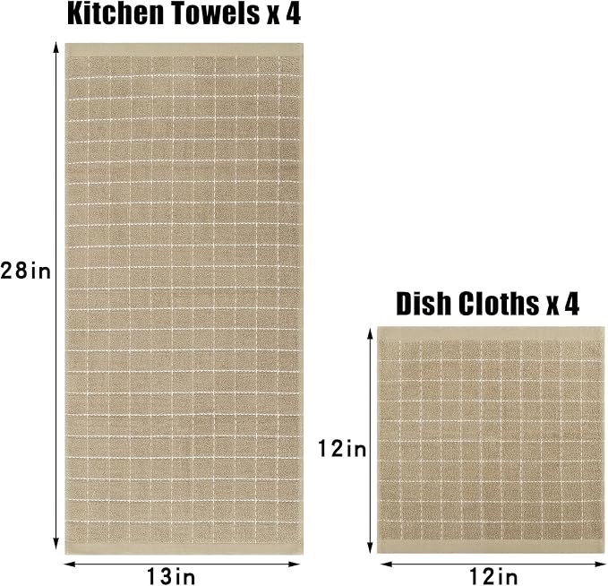 Homaxy Kitchen Towels and Dishcloths Set, 12 x 12 and 13 x 28 Inches, Set of 8 Bulk Cotton Terry Kitchen Towels Set, Checkered Designed, Soft and Super Absorbent Dish Towels, Tan