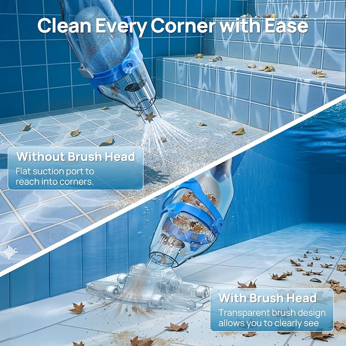 Consciot Pool Vacuum for Above Ground & Inground Pool, 22 GPM Suction Handheld Cleaner with 7.3FT Telescopic Pole, 2L Capacity, 60-Min Runtime, 2 Filters; Ideal for Spa, Hot Tub & Stairs