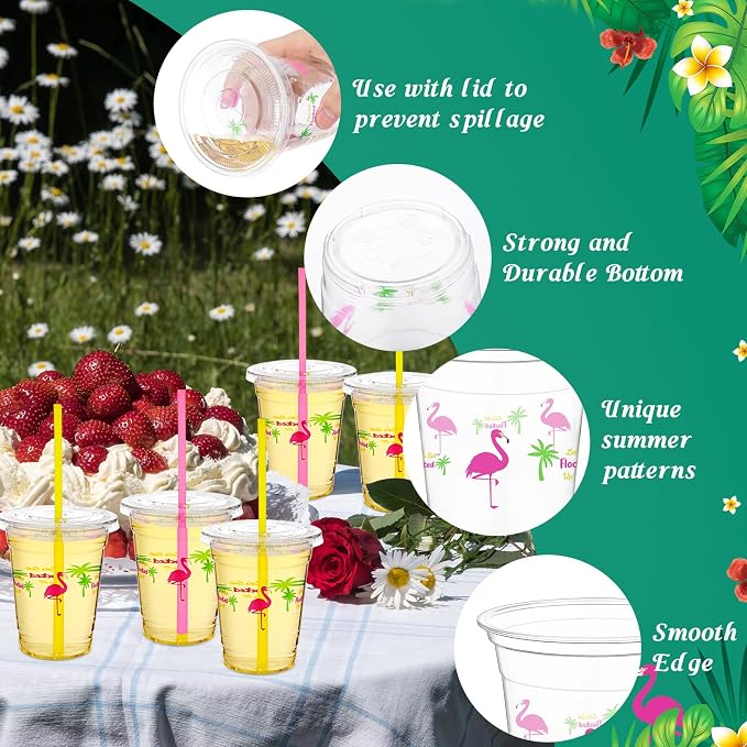 Blushtier 100 Sets 12 oz Clear Disposable Luau Cups with Lids & Straws, Flamingo Disposable Plastic Tropical Beverage Cups for Summer Tiki Party Supplies Birthday Bachelorette Drinkware Decorations