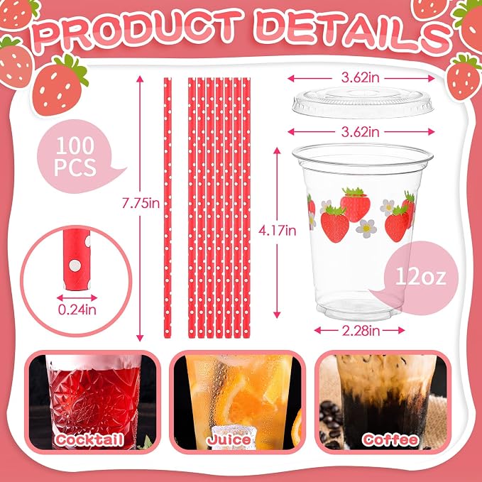 Blushtier 100 Set 12 oz Strawberry Disposable Plastic Cups with Lids and Straws Clear Strawberry Cups for Juice Water Coffee Tea Birthday Summer Fruit Party Supplies (Red)