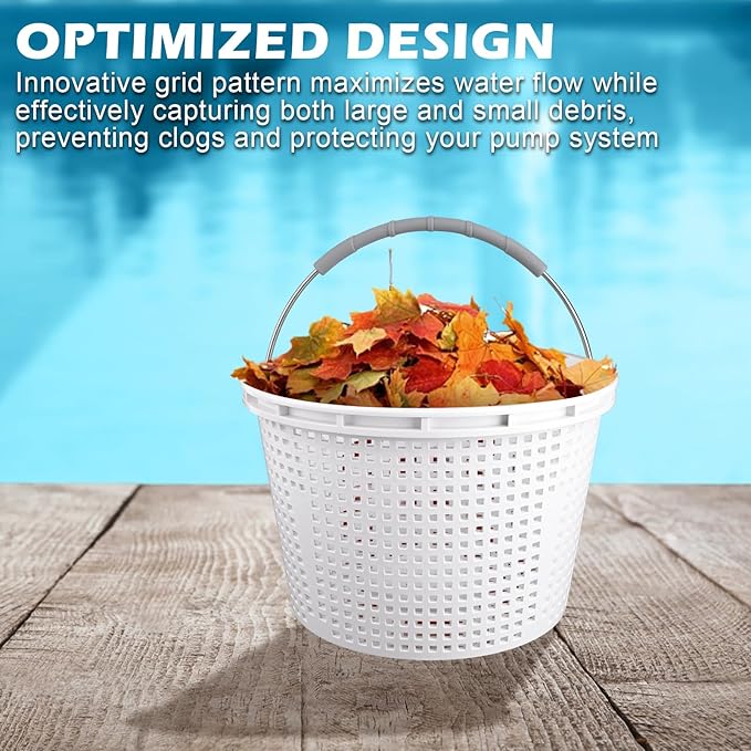 8" Pool Skimmer Basket for Inground Pool Compatible with Pentair U-3 Skimmer Basket 08650-0007 and Hayward SP1070 Pool Basket Stainless Steel Handle Rubber Grip & Built in Weighting White 2 Pack