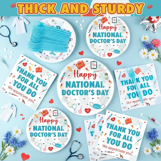 Remerry 96 Pcs Happy National Doctor's Day Party Supplies Thank You for All You Do Paper Plates Napkins Disposable Appreciation Doctor Employee Staff Tableware for Holiday Party Decoration