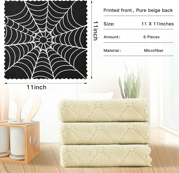 CaTaKu Halloween Cobweb Black Kitchen Cloths, Reusable Rags for Washing, Microfiber Cleaning Cloths Dish Towels Washcloths for Kitchen Drying, 6 Pack