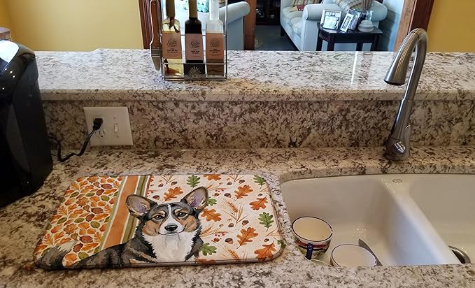 Caroline's Treasures Brindle Cardigan Welsh Corgi Heirloom Fall Dish Drying Mat Absorbent Dish Drying Mat Pad for Kitchen Counter Dish Drainer Mat for Countertop, 14 x 21", Multicolor