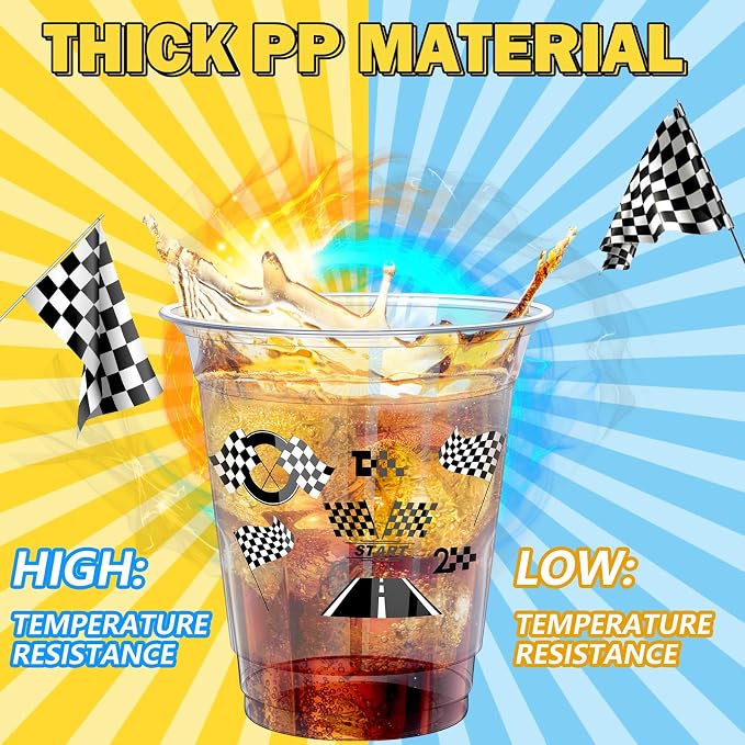Uiifan 50 Pcs Racing Party Decoration 12 oz Race Car Cups Bulk Checkered Flag Disposable Plastic Cups Black White Party Supplies for One Two Fast Birthday Decorations