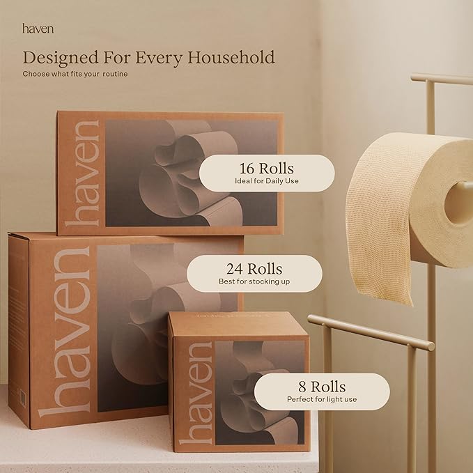 Haven Unbleached Bamboo Toilet Paper with Plastic Free Packaging, 3-Ply, 8 Rolls, 300 Sheets per Roll - FSC Certified, PFAS-Free, Tree Free Plant Based Toilet Paper, Non Toxic, Septic Safe, BPA-Free