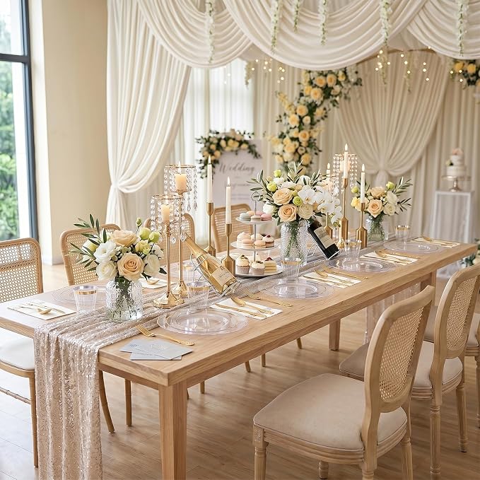 KIRE 210Pcs Clear and Gold Plastic Plates - Heavy Duty Clear Plates with Gold Rim - Disposable Dinnerware Sets of 60 Plastic Plate 90 Silverware 30 Cups 30 Napkins for Wedding/Party