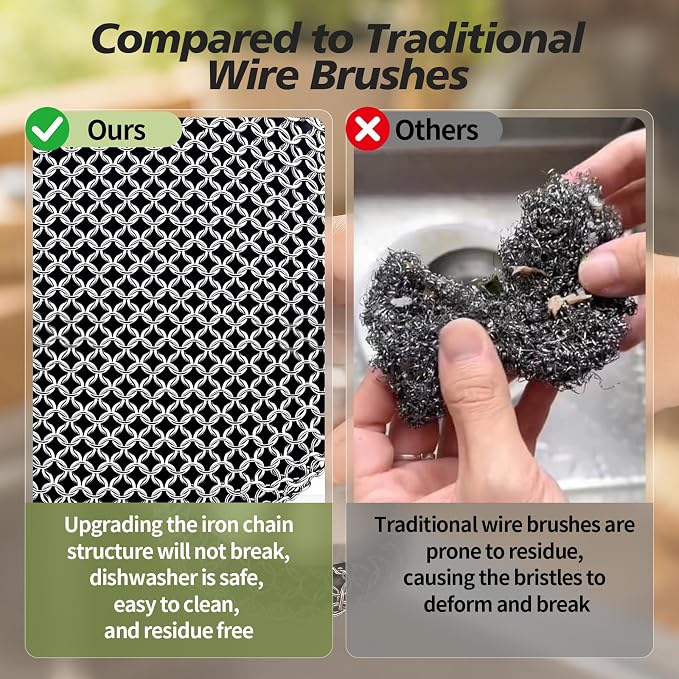 Cast Iron Scrubber and Scraper, 316 Chain Mail Scrubber for Cleaning Dishes, Stock Pots,Black, 1 Count ((Small Chain Mail))