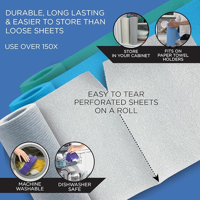 Swedish Dishcloths for Kitchen XL, 12 Sheet Roll, Biodegradable & Compostable, Reusable Paper Towel Cleaning Cloths, 11" x 10", No Odor, Washing Dishes, Ultra Absorbent Cellulose Sponge Towel, By LOLA