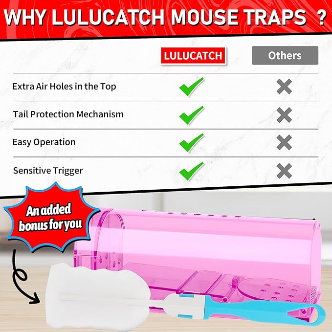 LULUCATCH Humane Mouse Traps 2 Pack | Live No Touch Catch and Release No Kill Rodent Traps | Reusable with Cleaning Brush | Pet Safe Indoor Outdoor for Mice, Rats, Chipmunks, Voles, Pink