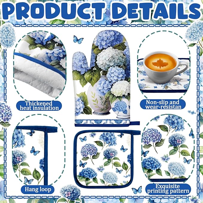 Fanfanwin 10 Pcs Blue and White Porcelain Chinoiserie Kitchen Decor Set Hydrangea Kitchen Towels Oven Mitts Pot Holders Hydrangea Rugs and Mats for Cooking Baking Mom Gift Home Decor