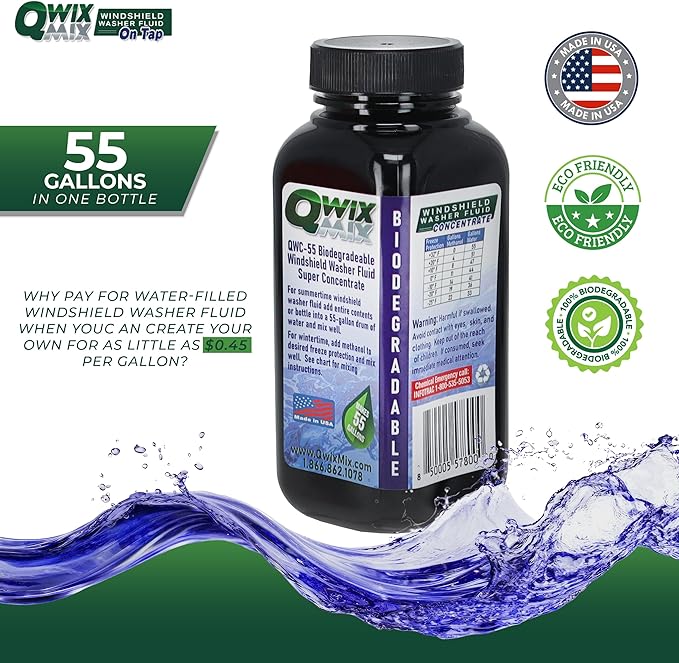 Qwix Mix Windshield Washer Fluid Concentrate, 1 Bottle Makes 55 Gallons - 100% Biodegradable Grime & Dirt Remover, Superior Commercial Grade Glass Cleaner, Single