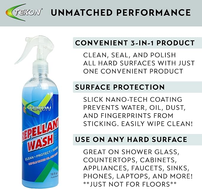 TEKON Repellant Wash® - 3 in 1 Clean, Seal, and Shine - Multi-Surface Cleaner Leaves Surfaces Resistant to Water, Oil, Dirt, and Fingerprints (32oz., 2 x 16oz)