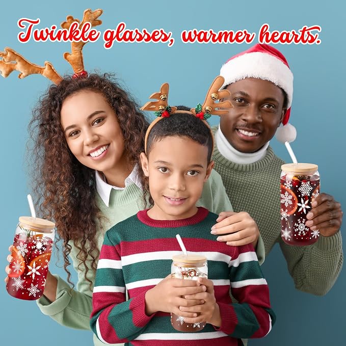 Sliner 2 Pcs Snowflake Glass Cups Christmas Winter Tumbler with Lid Straw Drinking Glasses 16 oz Iced Coffee Cup with Cleaning Brush Beer Can Tumbler Cute Holiday Gifts for Home Office Decorations