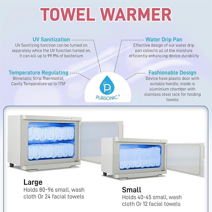Pursonic Professional Towel Warmer with UV Sterilizer - 8L Premium Towel Warmer 360 Heating with Separate Water Tank - Aluminum Interior for Bathroom, Spa, Salon & Home (White)