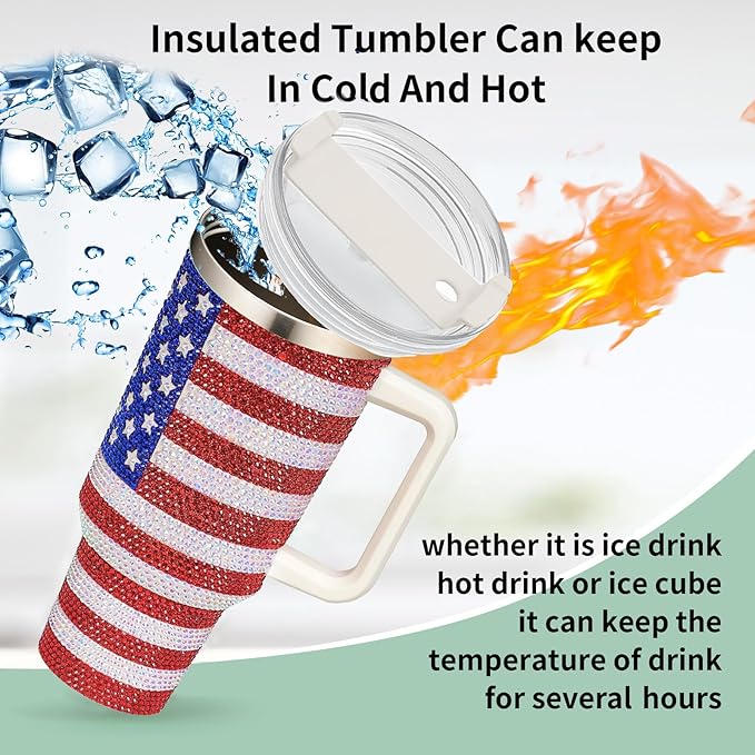 HWISDMIG 40oz Tumbler with Handle-Glitter Rhinestones Tumbler Bling Cups Stainless Steel Water Bottle Diamond Studded Tumbler for Women-Birthday Gifts for Women, Mom, Wife, Girlfriend (Usa Flag)