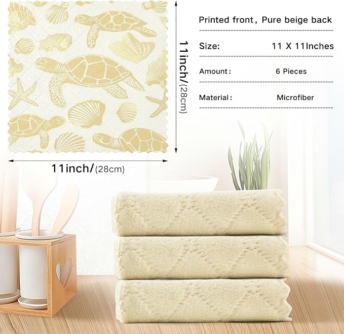 Gold Yellow Turtles Starfish and Seashell Kitchen Towels Dish Cloths Set of 6 Microfiber Cleaning Cloths for Cars Super Absorbent Machine