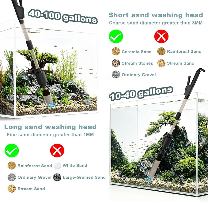 Electric Aquarium Vacuum Gravel Cleaner for 10-100 Gal, 6 in 1 Automatic Fish Tank Cleaning Tool with Adjustable Flow Handle & Sock Filter, Gravel Vacuum For Aquarium DC-24V Strong Suction Quiet Pump | One handed sand washing | Internal circulation fil...