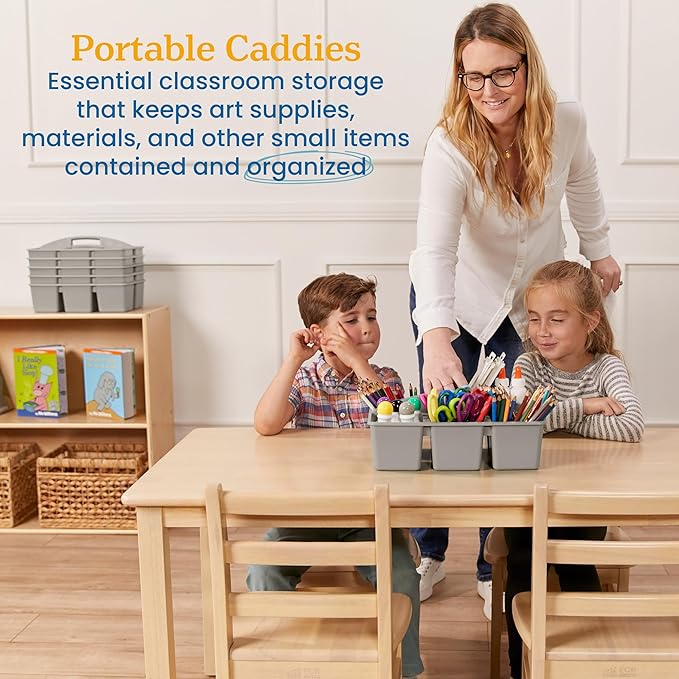 ECR4Kids 6-Compartment Large Plastic Caddy, Multipurpose Organization, Grey, 6-Pack