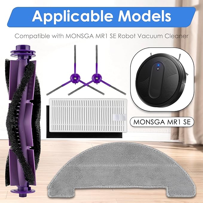 (22 Pack) MR1 SE Replacement Parts Compatible with MONSGA MR1 SE Robot Vacuum Cleaner, 2 Roller Brushes, 8 Side Brushes, 8 HEPA Filters with Foam Filters, 4 Mop Pads, Accessories Kit