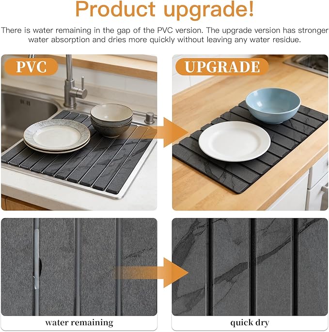 Stone Dish Drying Mat for Kitchen - Upgrade Kitchen Counter Mats Quick Dry for Dishes Cups - Foldable Super Absorbent Diatomaceous Earth Drying Coasters No Water Stains (24"×16"/ 8"x4")